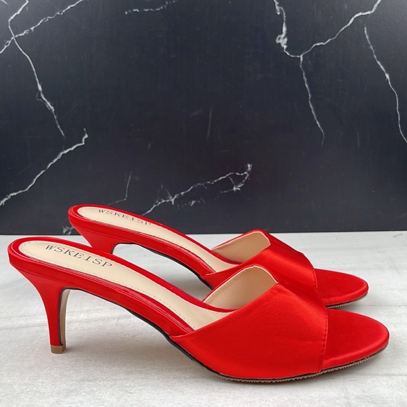 WSKEISP Women’s Peep Toe Slip On Mule Sandal Red Satin sz 8 - Picture 7 of 12